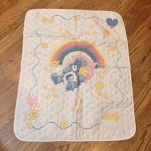 Vintage Care Bears Cross Stitch Baby Quilt Blanket Rainbow Stars 39x31 Handmade